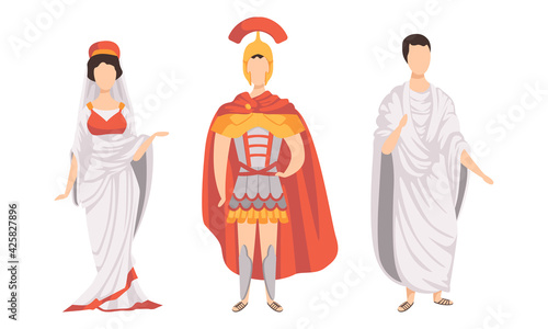 Citizens of Ancient Rome in Traditional Costumes Set, Legionary, Roman Woman, Plebeian Flat Vector Illustration