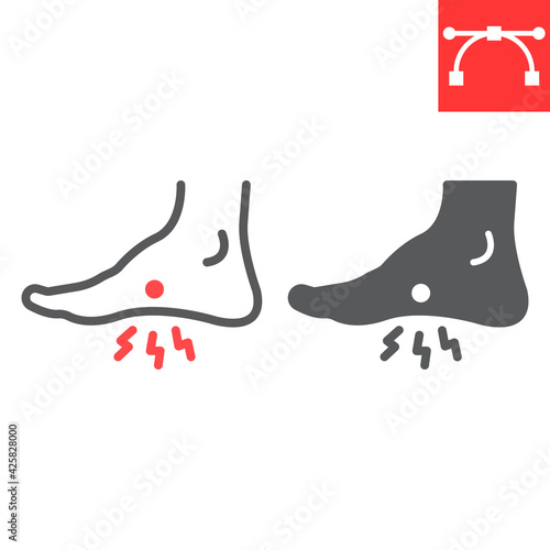 Foot pain line and glyph icon, painful and leg, foot ache vector icon, vector graphics, editable stroke outline sign, eps 10.