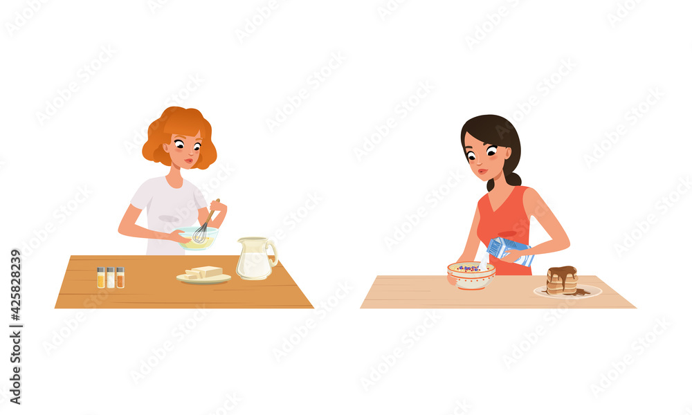 People Cooking in the Kitchen Set, Young Women Kneading Dough, Cooking Porridge Cartoon Vector Illustration People Cooking in the Kitchen Set, Young Women Kneading Dough, Cooking Porridge Cartoon Vector Illustration