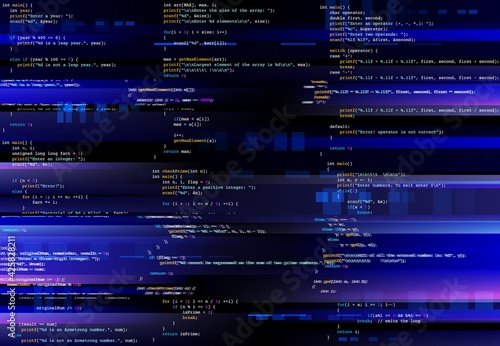 Glitching computer screen, glitch programming code. Virtual environment, programm function failure and data loss, critical code mistake, hacker attack or hardware malfunction concept vector background