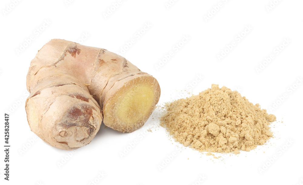Ginger powder and ginger root isolated on the white background Ginger powder and ginger root isolated on the white background