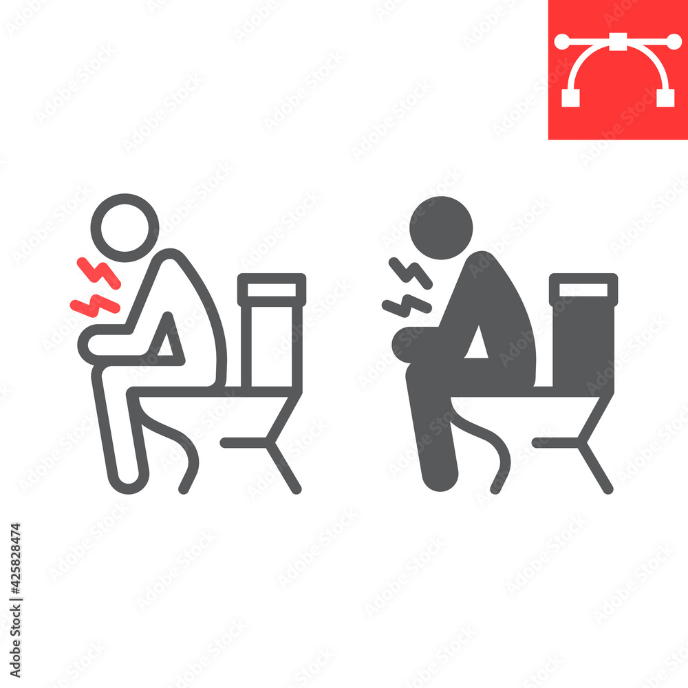 Diarrhea line and glyph icon, covid19 and constipation, man sitting on