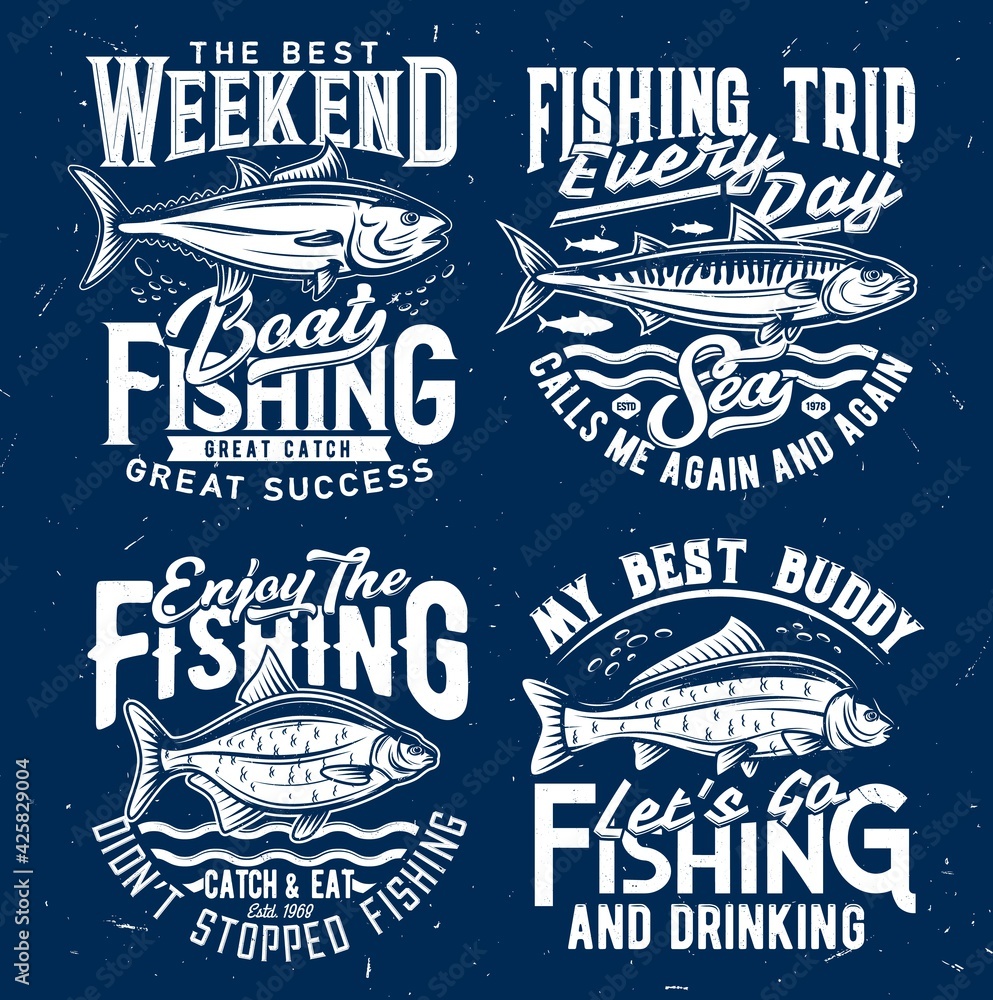 Fototapeta premium Fishing sport tourism t-shirt print template. Tuna and atlantic mackerel, bream and carp engraved vector. Fishing weekend trip emblem, fisher clothing custom t-shirt print with ocean and river fish