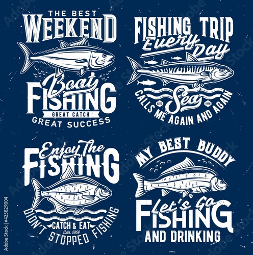 Fishing sport tourism t-shirt print template. Tuna and atlantic mackerel, bream and carp engraved vector. Fishing weekend trip emblem, fisher clothing custom t-shirt print with ocean and river fish