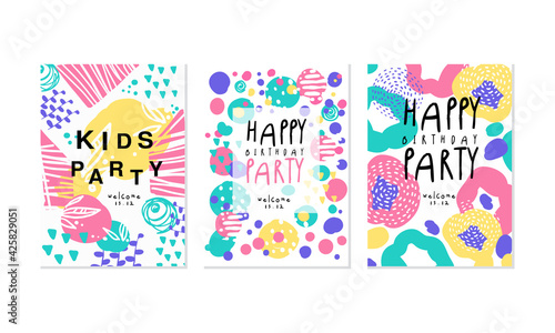 Kids Party Card Templates Set, Happy Birthday Party Banner, Poster Hand Drawn Vector Illustration