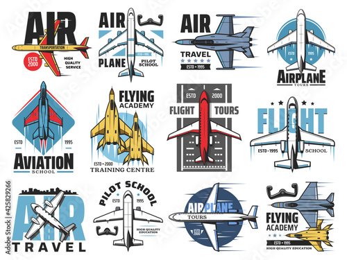 Airplane pilot school, avaiation vector icons set. Air transportation service, flight travel tours emblem or badge. Civil and military airplanes, army jet fighter and passenger airliner