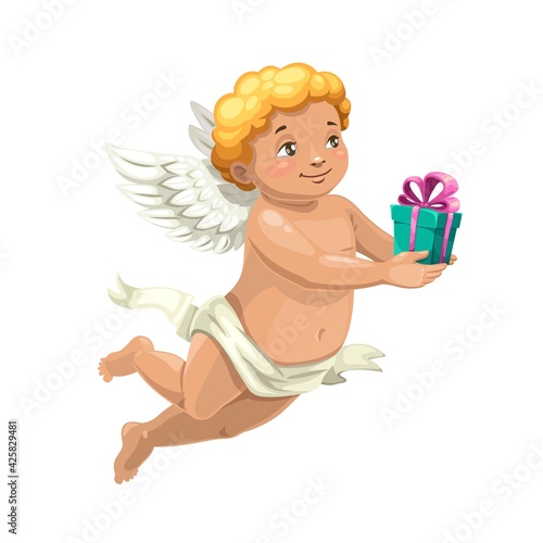 Cupid angel vector character with Valentine Day or wedding gift. Cute cartoon Amur or Cherub with angel wings carrying romantic holiday present box with pink ribbon and bow, greeting design