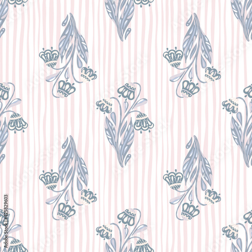 Scrapbook seamless pattern with pastel tones blue flowers bouquet print. Light striped background.