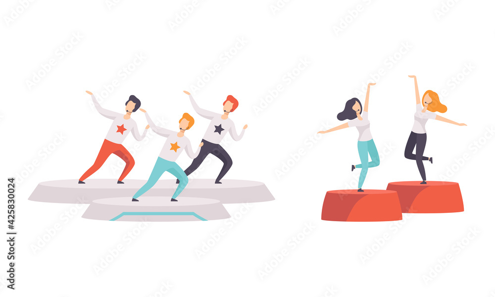People Taking Part on TV Show Set, Young People Singing with Microphones in TV Studio Cartoon Vector Illustration People Taking Part on TV Show Set, Young People Singing with Microphones in TV Studio Cartoon Vector Illustration