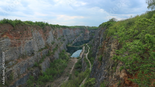 A beautiful view to the large flooded quarry with the turquoise water near Prague  Czech republic