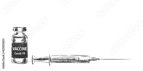 Vaccine Covid-19 vial medicine bottle and syringe vector drawing. Hand drawn ampoule for covid injection isolated. Fight against coronavirus. Vaccination, immunization sketch