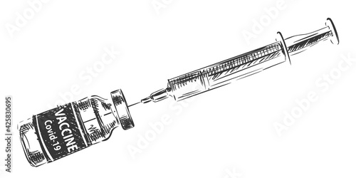 Vaccine Covid-19, medical syringe pierced lid of glass ampoule vector drawing. Hand drawn ampoule for covid injection isolated. Fight against coronavirus design element sketch