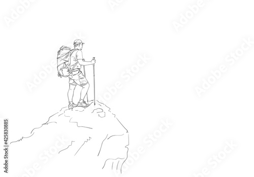 Hiker with backpack on top of mountain Hand drawn linear vector illustration, Trekking man simple sketch, Outdoor activity