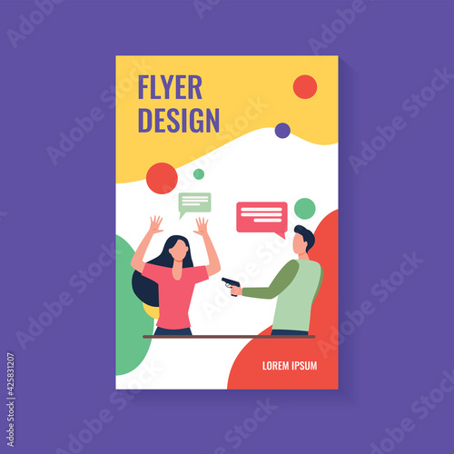 Angry guy threatening scary woman with gun. Speech bubble, weapon, attack flat vector illustration. Violence and crime concept for banner, website design or landing web page