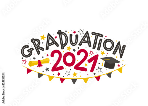 Doodle Logo for the 2021 graduate with a masters cap, rolled scroll, flags and stars. Vector illustration for badge or emblem. Isolated on white background