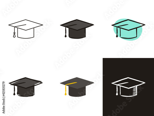 Master caps icons set isolated on white background. Hand-drawn contour icon in doodle style, flat and chalk on a black board. Vector object for the theme of higher education, graduate, graduation.