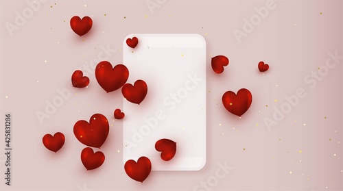 Internet Dating app сoncept.Smartphone with heart shaped icons splash out of the phone on a pink background.Template for online dating service application. Vector.
