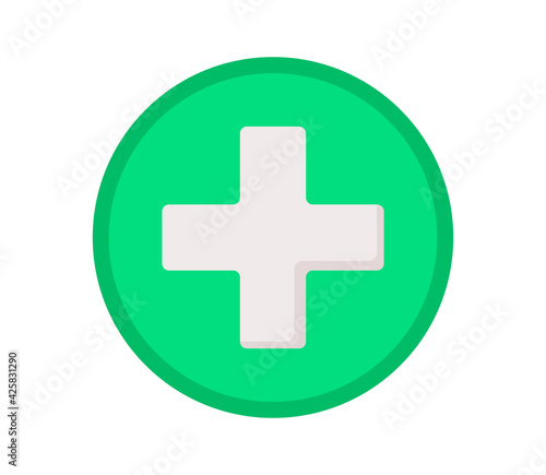 Green first aid sign isolated on white background. Flat cartoon illustration