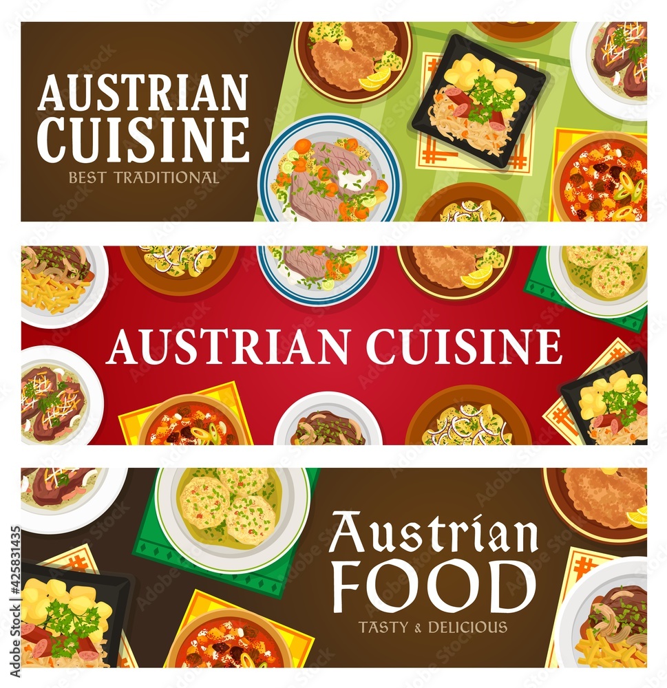 Austrian cuisine vector banners. Roast beef esterhazy and tafelspitz, sauerkraut with sausage, meat stew goulash and potato salad, bread dumplings knodel, wiener schnitzel vector food Austrian cuisine vector banners. Roast beef esterhazy and tafelspitz, sauerkraut with sausage, meat stew goulash and potato salad, bread dumplings knodel, wiener schnitzel vector food