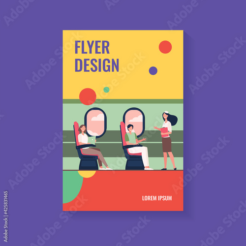 Happy passengers sitting and airplane near windows flat vector illustration. Cartoon flight attendant instructing travelers in plane. Journey, trip and tourism concept