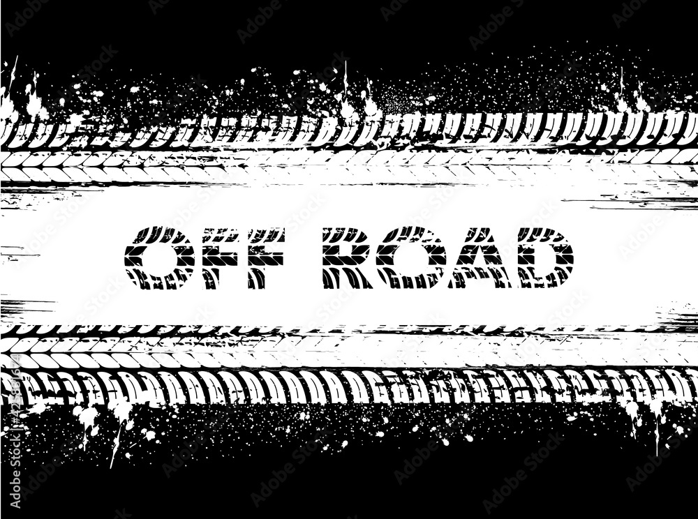 Tire tracks, off road car wheels or truck grunge prints, vector. Motorcycle or car truck tire tracks and tread trails on black dirty mud, rally and sport tyre rubber marks, motocross traces Tire tracks, off road car wheels or truck grunge prints, vector. Motorcycle or car truck tire tracks and tread trails on black dirty mud, rally and sport tyre rubber marks, motocross traces