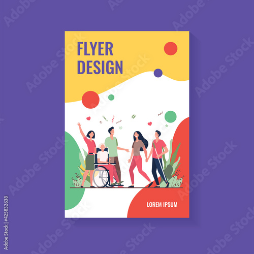 Disabled people help and diversity. Handicapped people with cane and in wheelchair meeting with friends or volunteers. Vector illustration for disability, assistance, diverse society concept