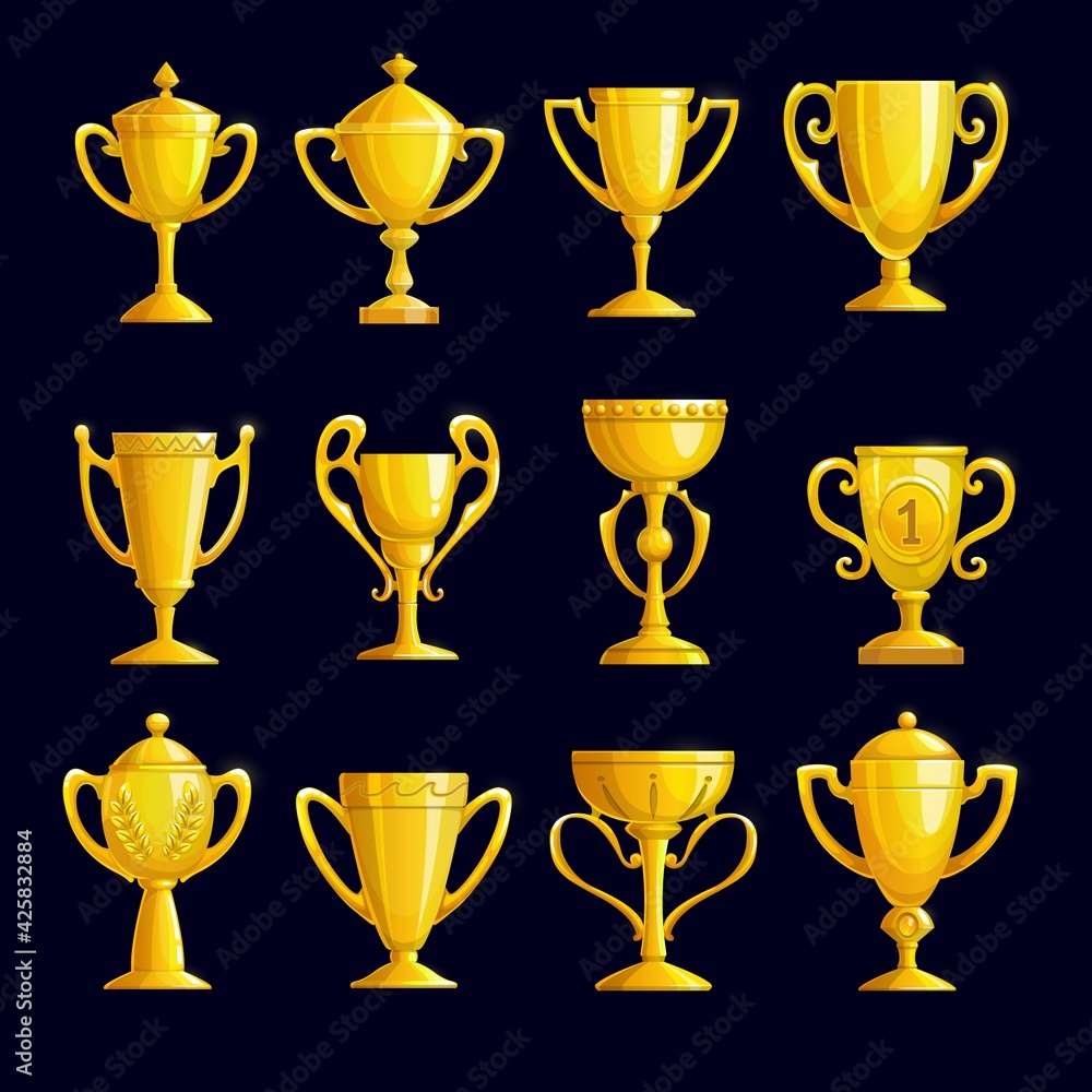 Winner trophy cups. Cartoon vector set of gold champion awards, tournament rewards, golden goblets and bowls with laurel wreath and first place symbol. Achievement prizes and honor gifts Winner trophy cups. Cartoon vector set of gold champion awards, tournament rewards, golden goblets and bowls with laurel wreath and first place symbol. Achievement prizes and honor gifts