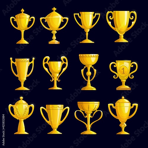 Winner trophy cups. Cartoon vector set of gold champion awards, tournament rewards, golden goblets and bowls with laurel wreath and first place symbol. Achievement prizes and honor gifts