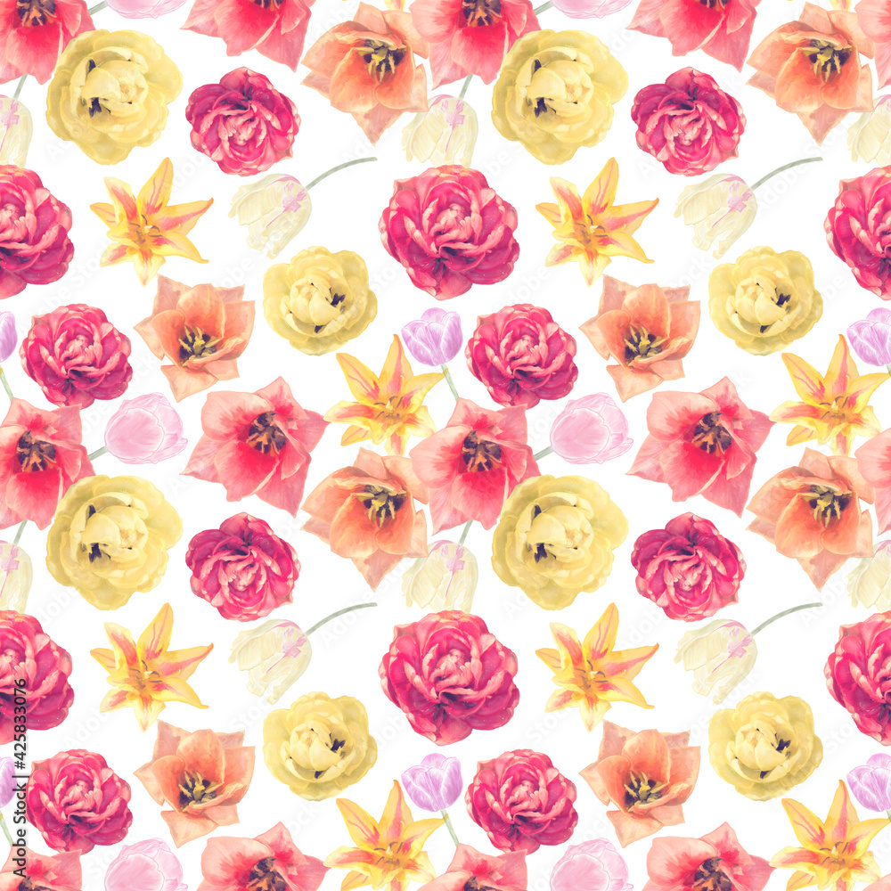 Watercolor digital painting of tulip flowers. Digital illustration.Seamless background Watercolor digital painting of tulip flowers. Digital illustration.Seamless background