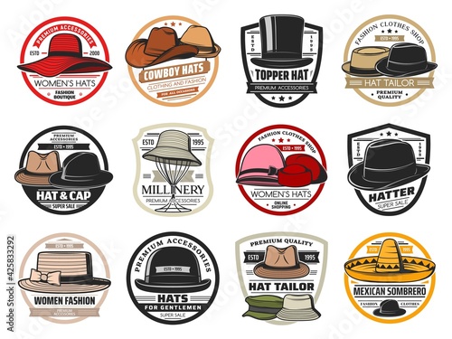 Hat tailor shop, hatmaking and headwear millinery salon vector icons. Men and women retro hats tailoring and sewing workshop or fashion accessories for gentlemen topper, cowboy and Mexican sombrero