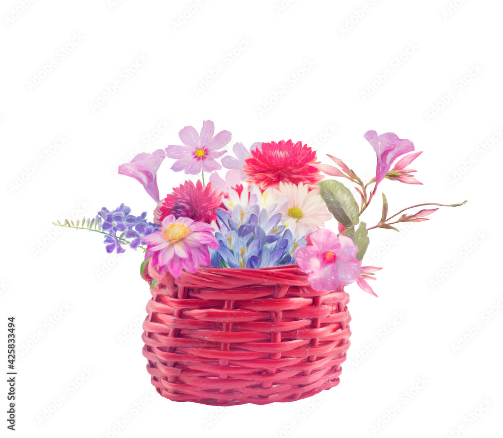 Colorful flowers in a basket on white background. Digital illustration.