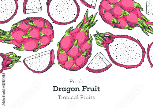 Dragon fruit design template. Hand drawn vector illustration. Organic food. Pitaya fruit. Vintage design. Colorful