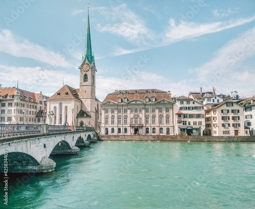 Landscape and architecture of Zurich, in Switzerland (Europe), featuring a bridge