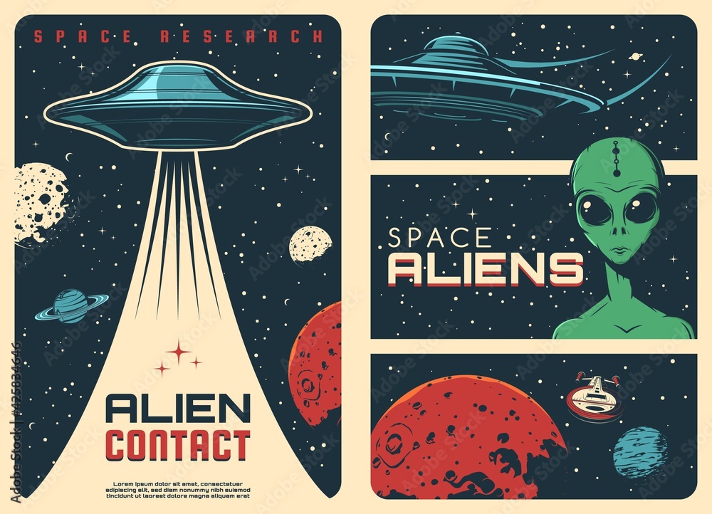 Alien spaceship, extraterrestrial UFO life retro posters. Humanoid alien with and big eyes, flying saucer and fantasy spaceship in outer space, Mars and Saturn planets, Moon vector Stock-vektor | Adobe