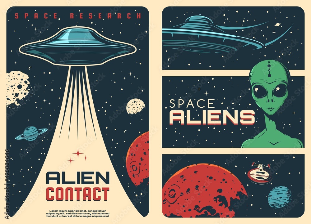 Alien spaceship, extraterrestrial UFO life retro posters. Humanoid alien with green skin and big eyes, flying saucer and fantasy spaceship in outer space, Mars and Saturn planets, Moon vector - obrazy, fototapety, plakaty 