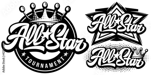 Set of monochrome templates with calligraphic inscription All Stars. Vector editable illustration. Element for business card design, style, website, print on a t-shirt