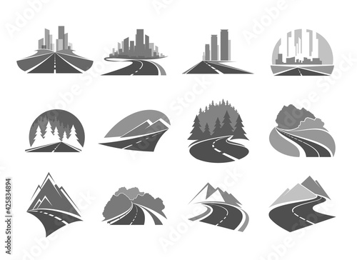 Road icons, highway to city, forest and mountains, way and traffic route, vector icons. Road signs of travel, tourism and highway construction service, transport pathway drive and cityscape