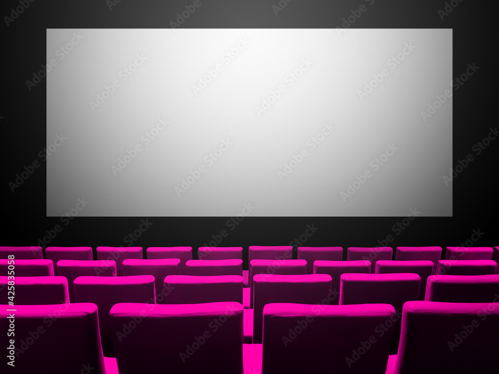 Cinema movie theatre with pink seats and a blank white screen Cinema movie theatre with pink seats and a blank white screen