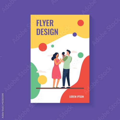 New parents taking care about baby together. Dad holding kid, mom reaching hands to child flat vector illustration. Parenthood, childcare concept for banner, website design or landing web page