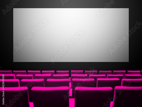 Cinema movie theatre with pink seats and a blank white screen