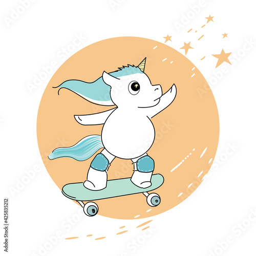 Baby unicorn on a skateboard flying to the stars