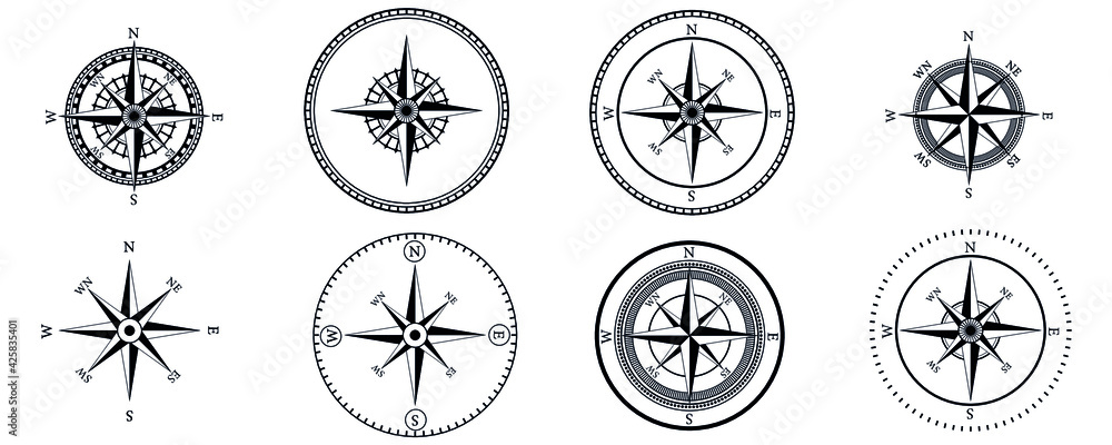 Compass icons. Set of vector compass icons.

