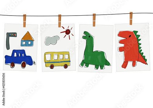 子供が鉛筆と水彩絵の具で描いたような、車やバス、恐竜のの手描きイラスト