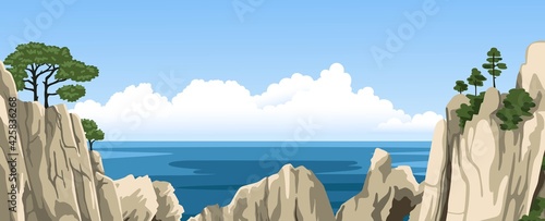 Panorama landscape of mountains and sea. Ocean view. Rocks with a trees on top. Vector hand-drawn illustration