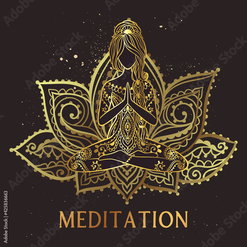 Yoga Girl with Golden Lotus. Ornamental feminine Lotus meditation. Vector illustration on ethnic style.