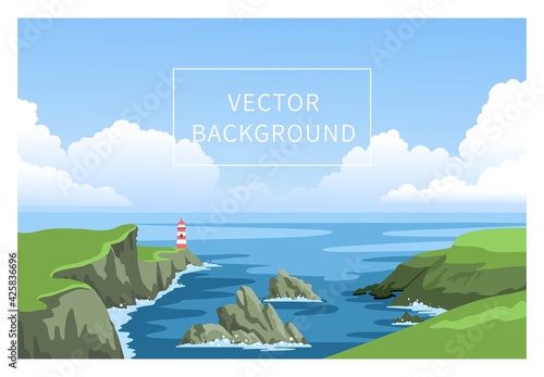 Coastline landscape with lighthouse. Irish green seascape with cloudy sky and big fluffy clouds. Signal building on seaside, seashore. Hand-drawn vector background