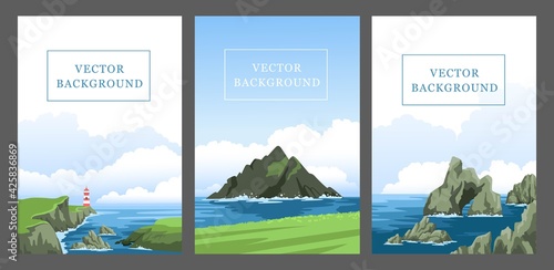 Set of vertical vector background with seascapes, seasides, cliffs, coasts, coastlines, rocks. Sea and ocean with big fluffy clouds. Hand-drawn illustrations