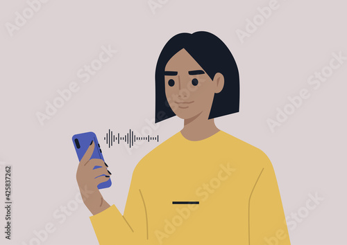 A young female character listening to a voice message on their mobile phone, generation z lifestyle