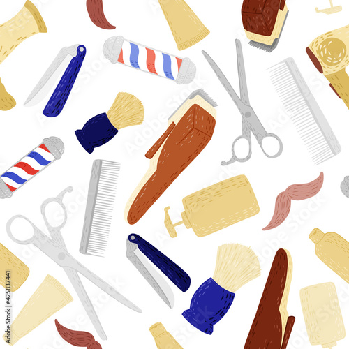 Seamless pattern hairdressing in doodle on white background.