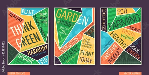 Gardening, Farming, Agriculture and Healthy Lifestyle Posters Set. A4 booklet template with typography composition. Vector banners